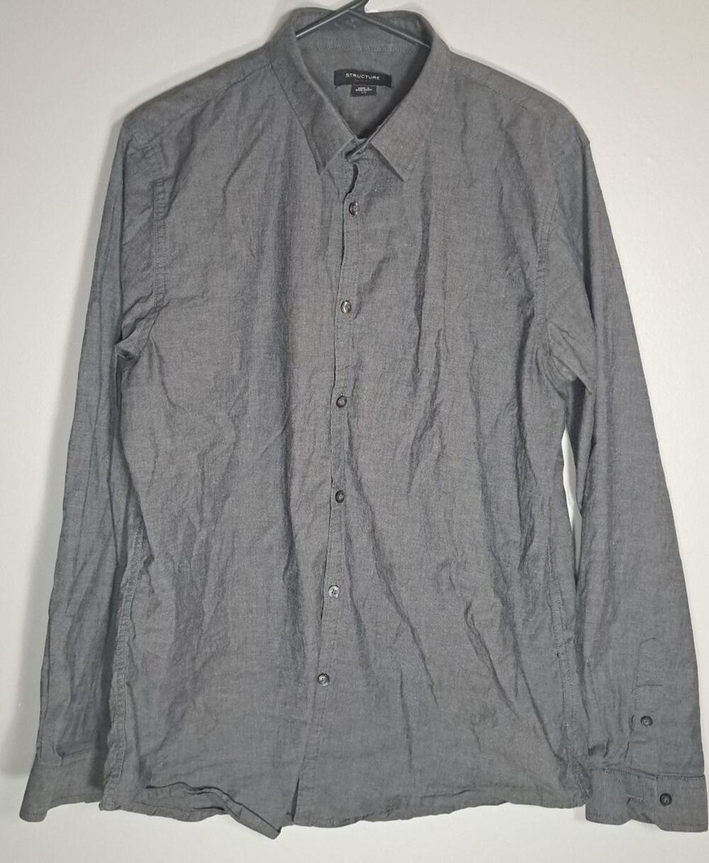 Structure Slim Fit Work Shirt Mens Large Charcoal Gray Button Up Collared Cotton